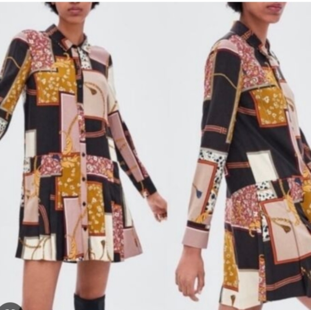 Zara TRF geometric patchwork chain print Retro mod shift dress size medium